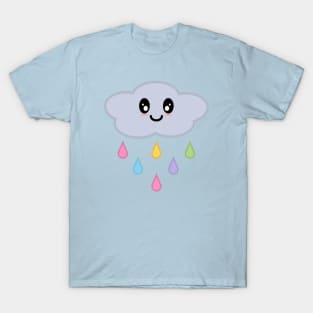 Kawaii Cute Rainbow Raindrop Rain Cloud in Blue T-Shirt